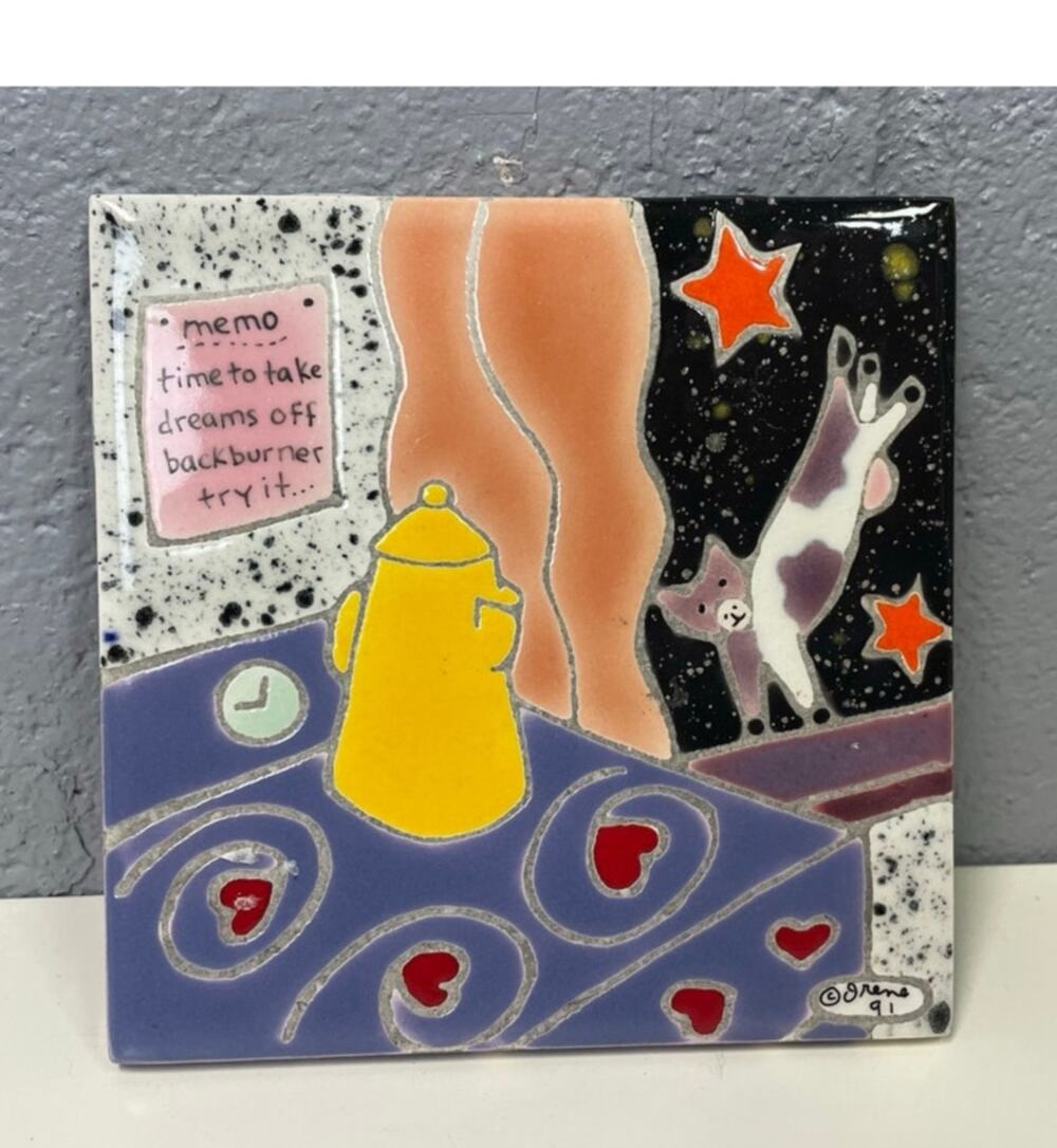 Vintage 1991 Irene Otis Decorative Ceramic Tile Trivet Art Coffee Dreams Kitchen